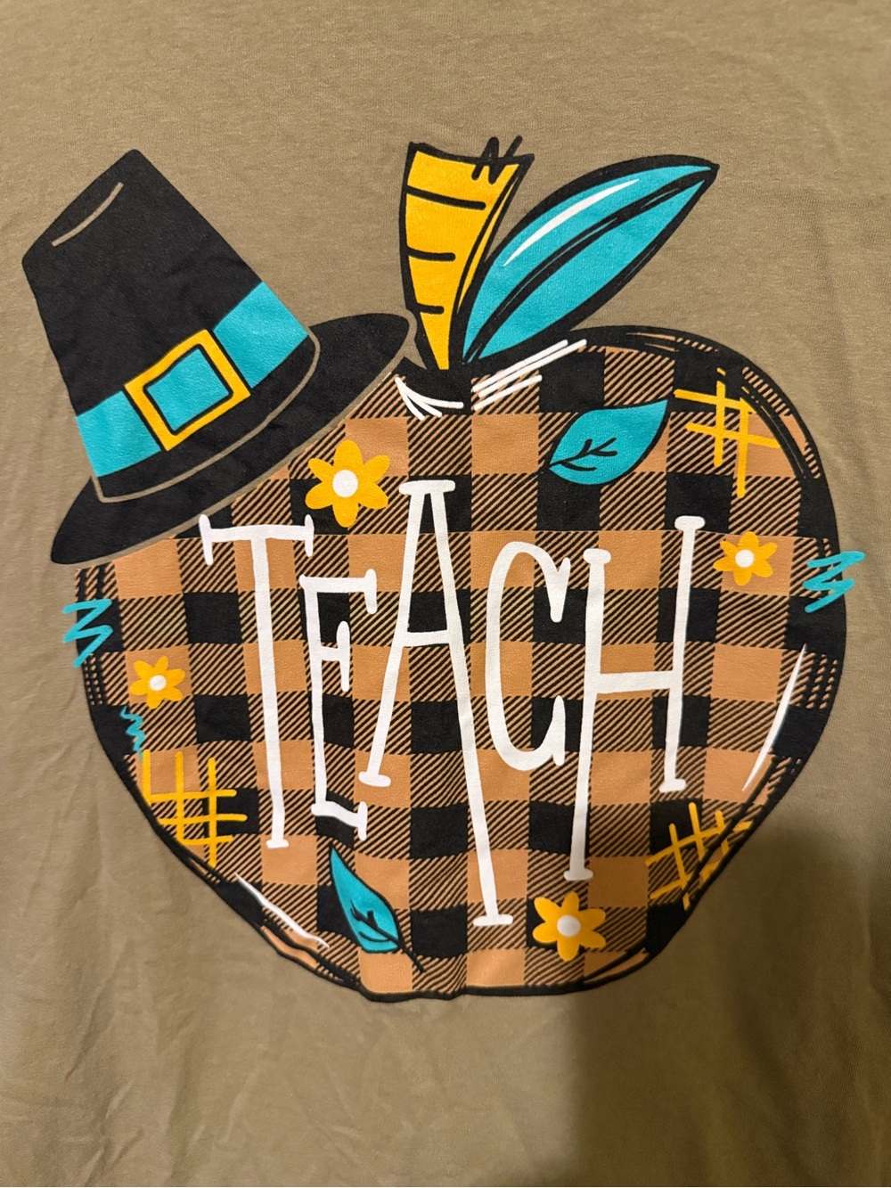 Teacher Plaid Apple Graphic Tee in Olive with Turquoise Accents for Thanksgiving